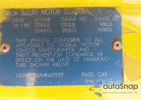 1991 Geo Metro Lsi Sprint Cl from USA, damaged, VIN JG1MR3367MK607993